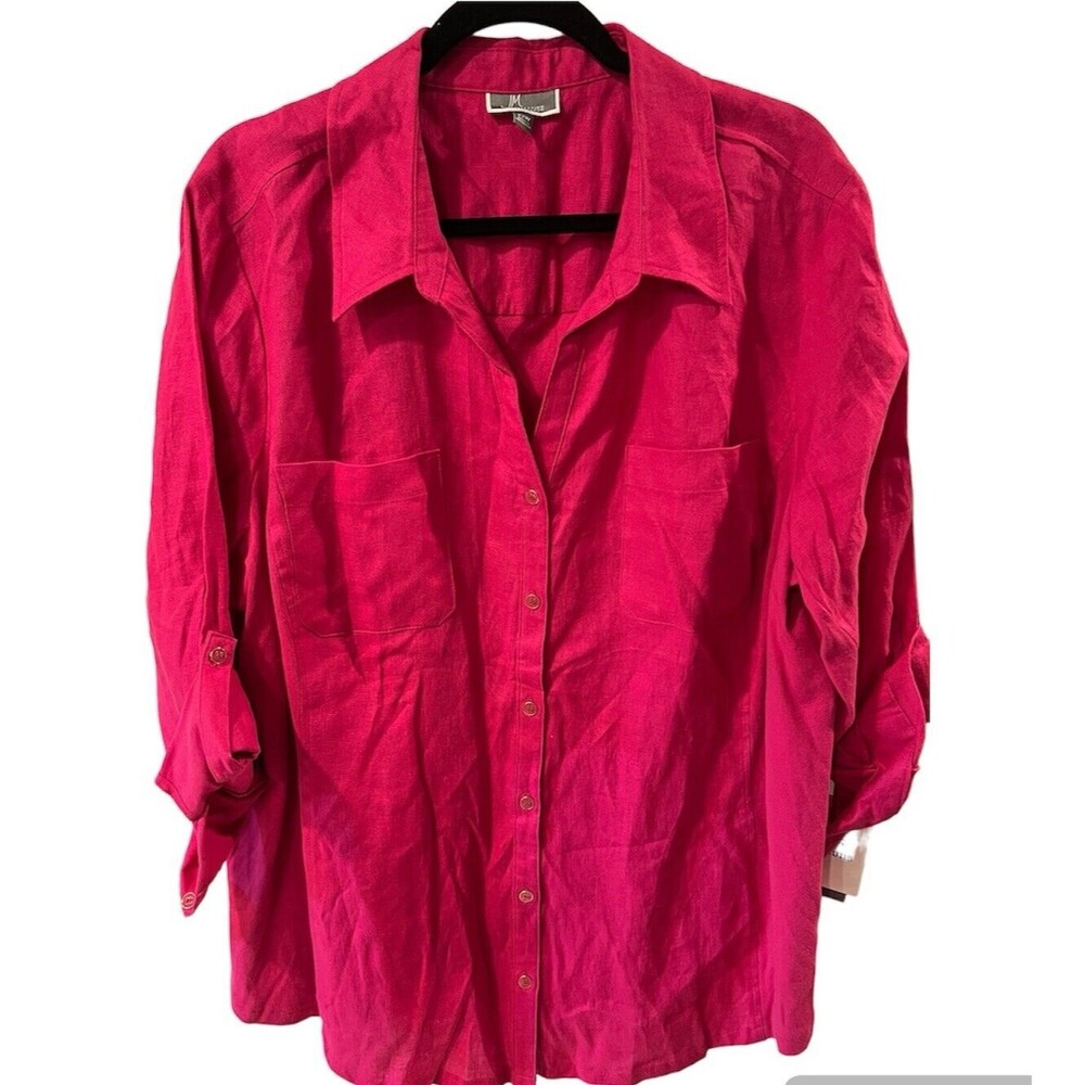 JM Collection Linen Blouse Womens Plus Sz 22W Roll Tab Sleeve Pink Button Up New - Picture 2 of 10